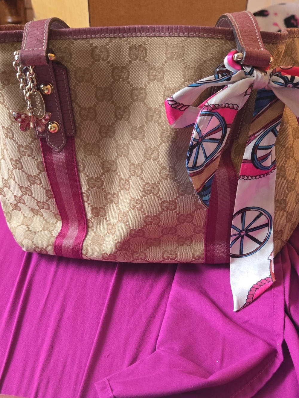 Gucci Beige Monogram Tote Pink Trim and Gucci Bag Charm With Twilly.